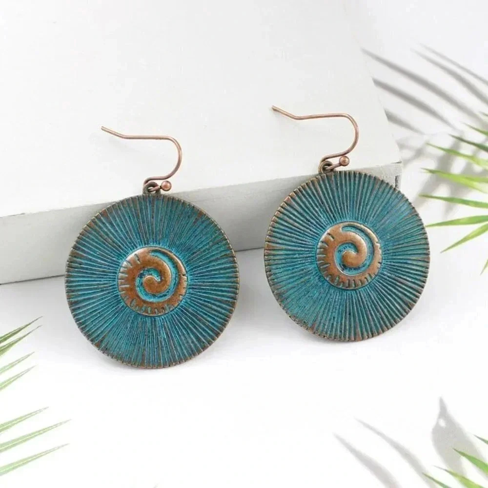 Antique Bronze Brass Verdigris Patina Round Swirl Geometric Earrings